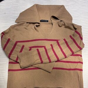 Veronica Beard V-Neck Sweater in Tan and Red stripes